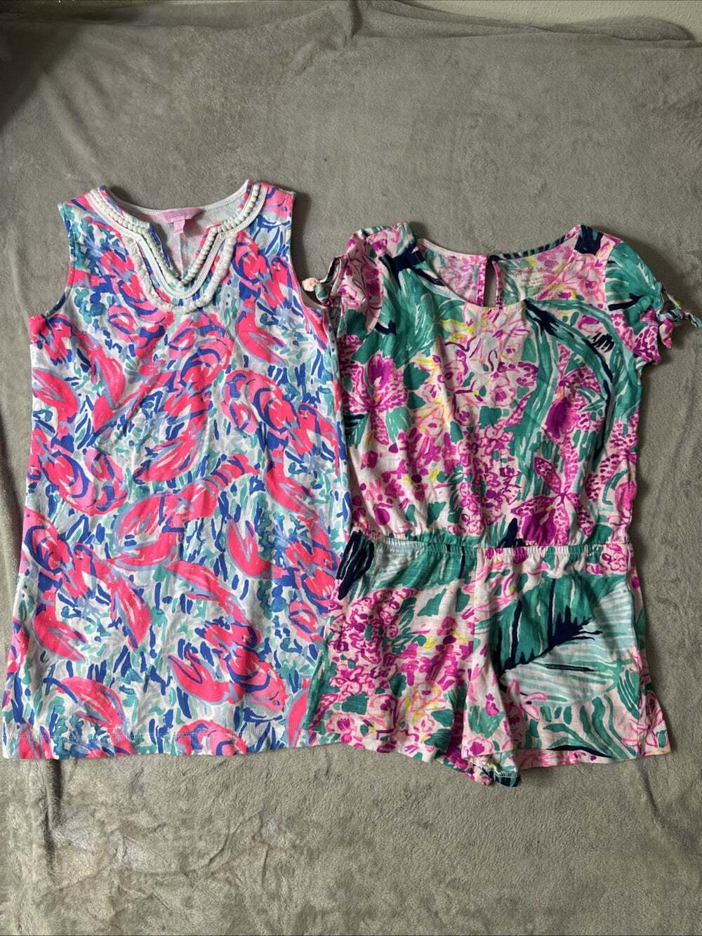 Lilly Pulitzer Girls Size L 8-10 Dress Romper Lot 2 Floral Pink Blue Green - Picture 2 of 7
